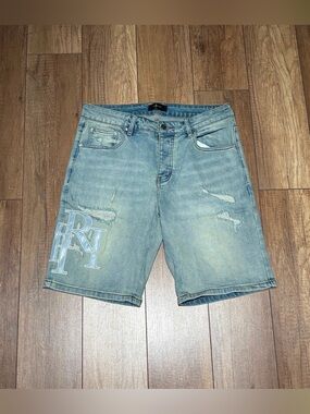 Amiri Mens Light Blue Ripped Jean Shorts with Blue Logo Waist Size 32 NWT